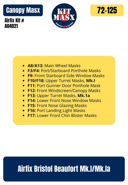 Airfix Bristol Beaufort Mk.I/Mk.IA 1/72 Canopy & Wheel Paint Masks, Kit # A04021