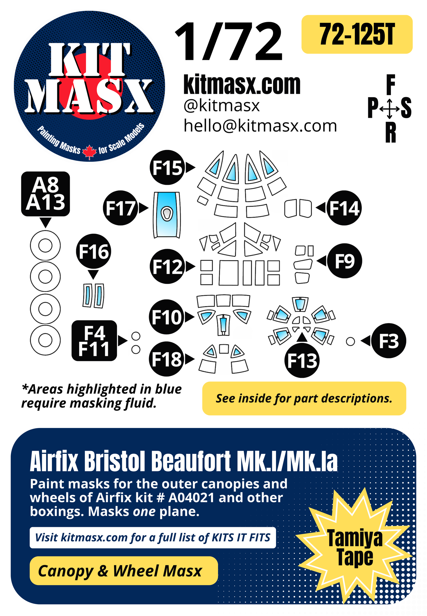 Airfix Bristol Beaufort Mk.I/Mk.IA 1/72 Canopy & Wheel Paint Masks, Kit # A04021