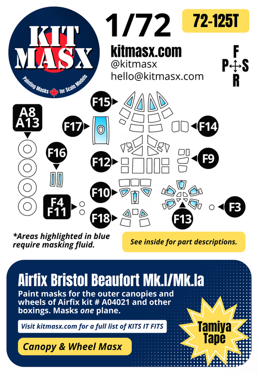 Airfix Bristol Beaufort Mk.I/Mk.IA 1/72 Canopy & Wheel Paint Masks, Kit # A04021