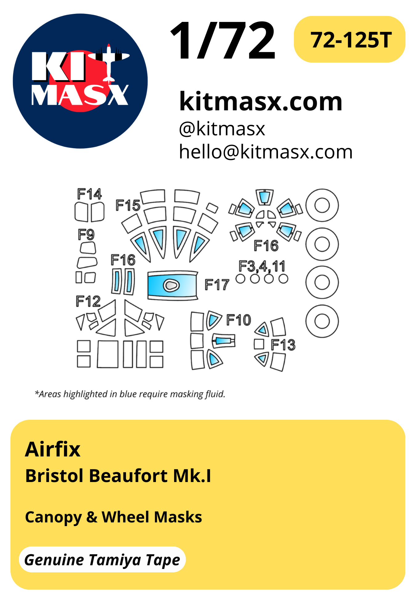 Airfix Bristol Beaufort Mk.I 1/72 Canopy & Wheel Paint Masks, Kit # A04021