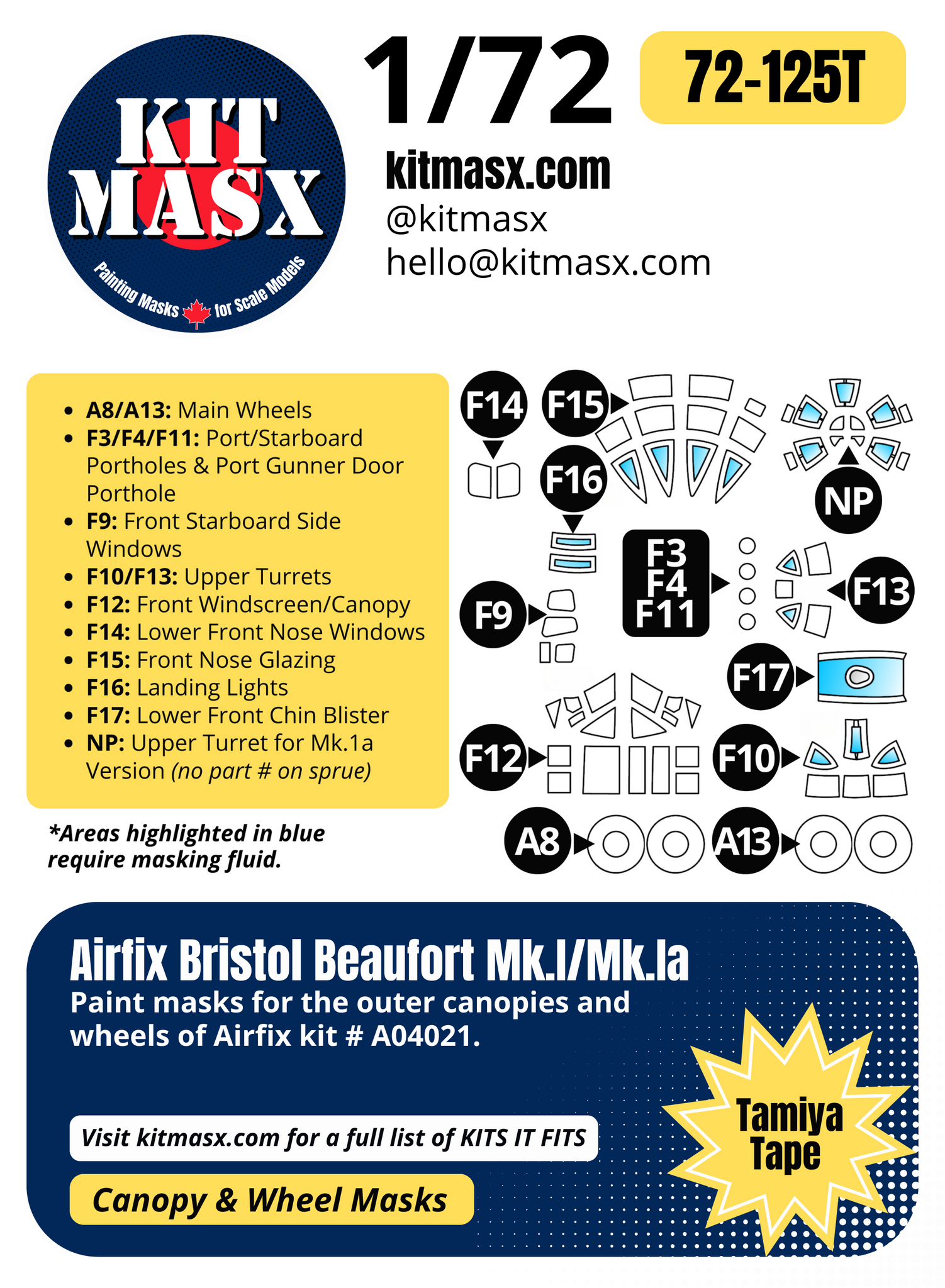 Airfix Bristol Beaufort Mk.I/Mk.IA 1/72 Canopy & Wheel Paint Masks, Kit # A04021