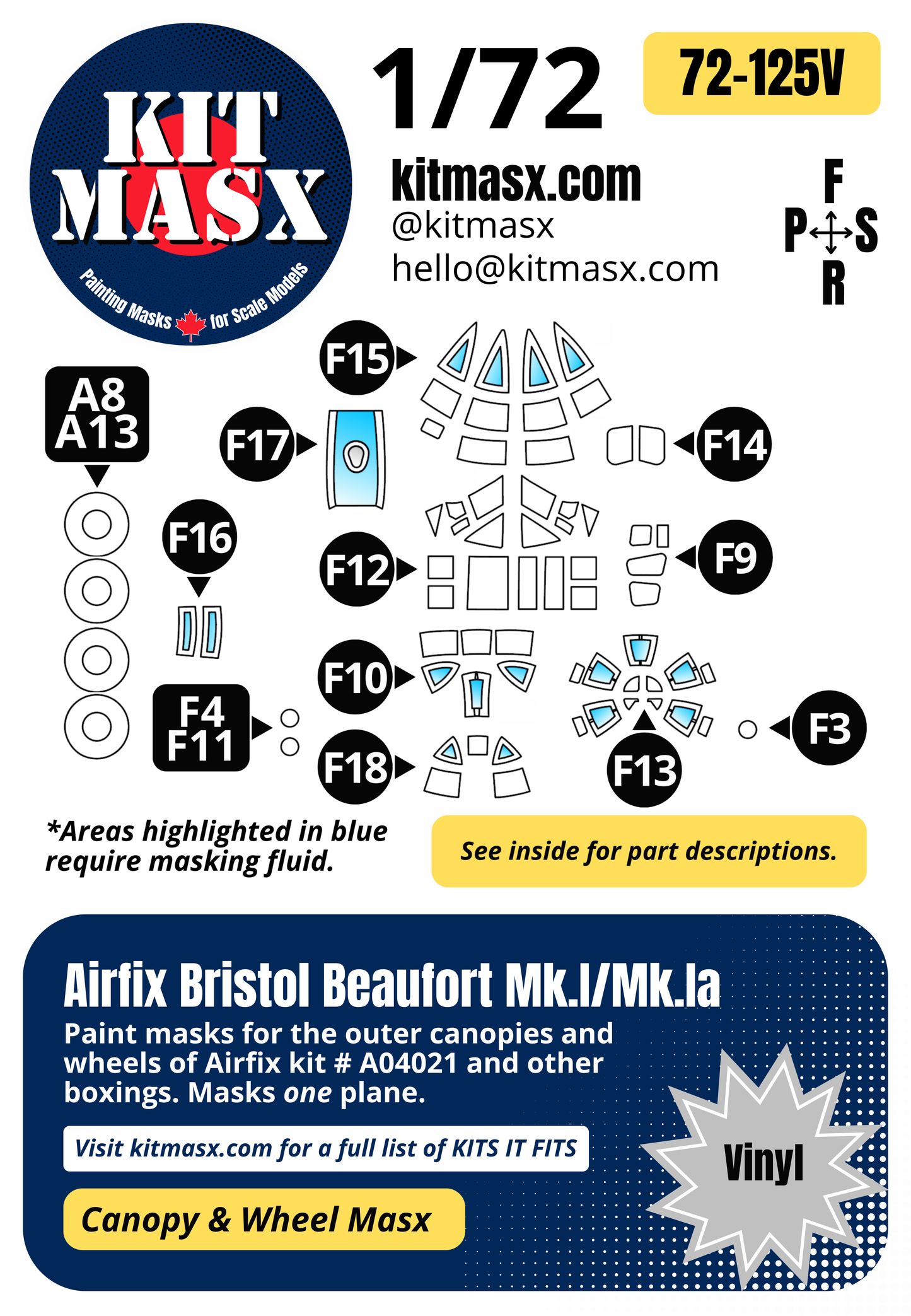 Airfix Bristol Beaufort Mk.I/Mk.IA 1/72 Canopy & Wheel Paint Masks, Kit # A04021