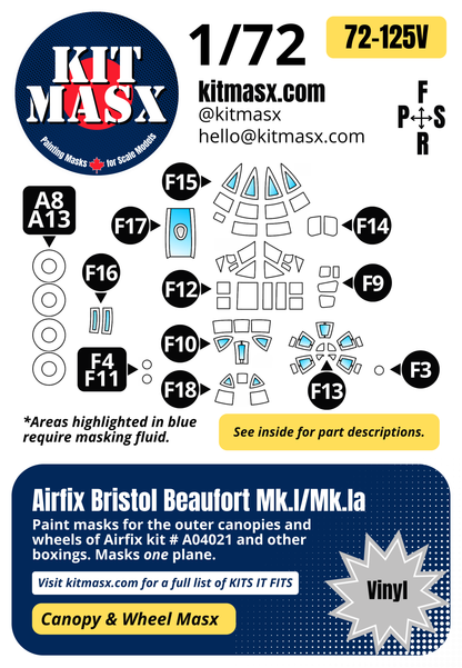 Airfix Bristol Beaufort Mk.I/Mk.IA 1/72 Canopy & Wheel Paint Masks, Kit # A04021