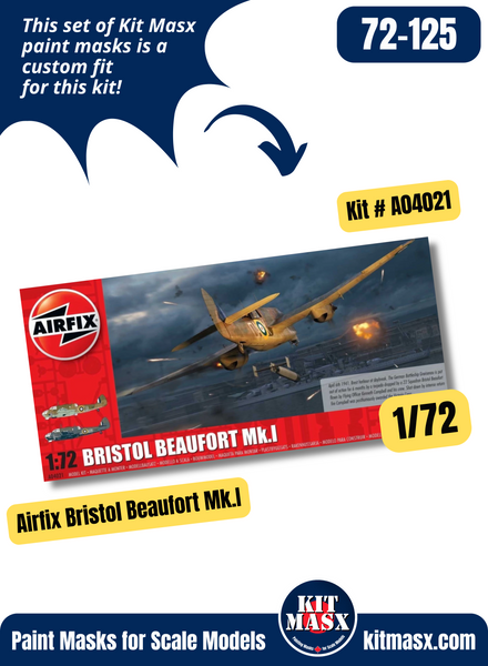 Airfix Bristol Beaufort Mk.I/Mk.IA 1/72 Canopy & Wheel Paint Masks, Kit # A04021