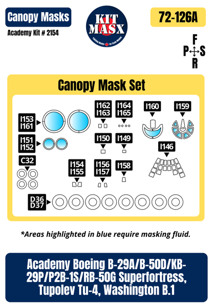 Academy Boeing B-29A Superfortress "Enola Gay" 1/72 All-in-One Master Mask Set, Kit # 2154
