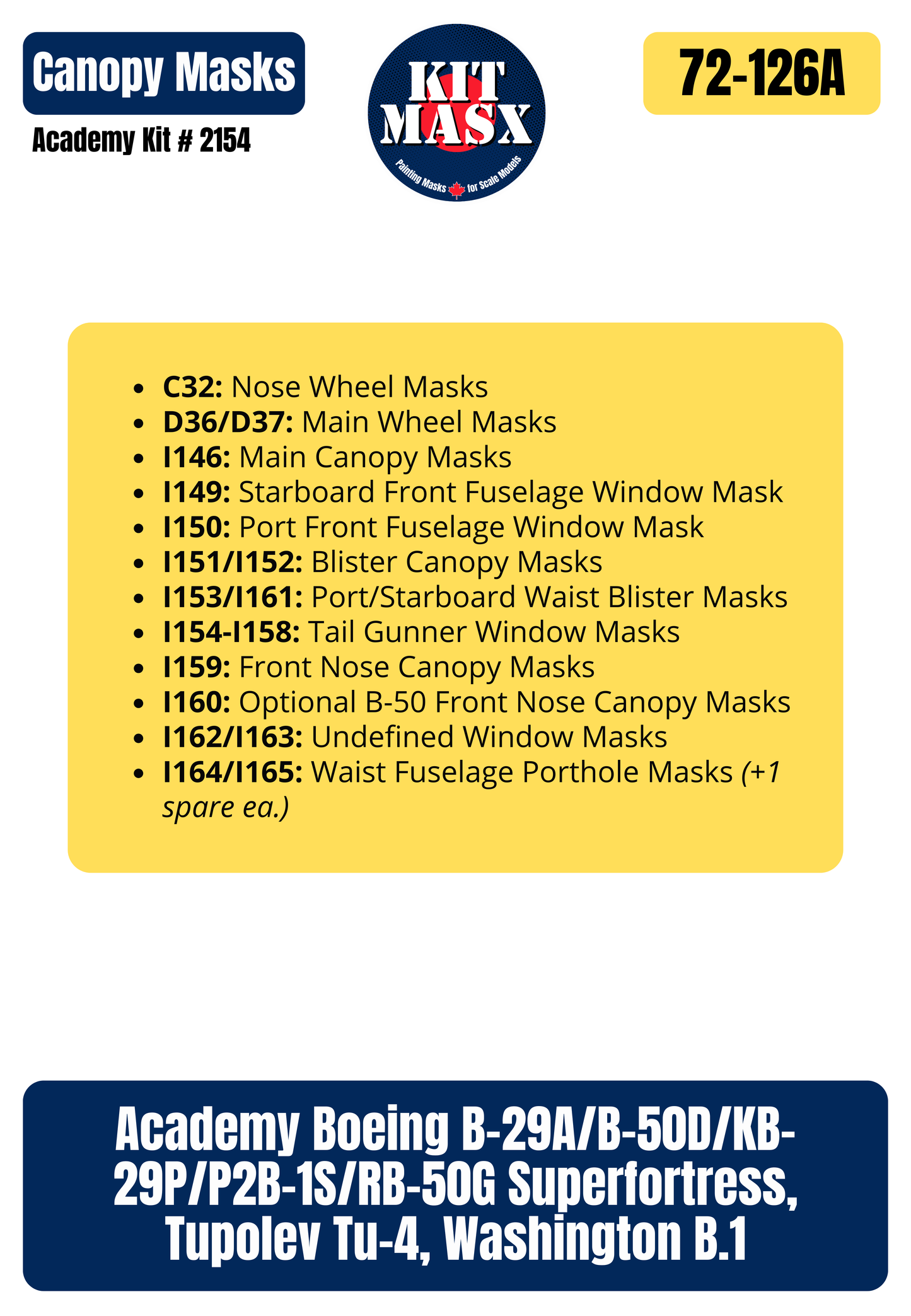 Academy Boeing B-29A Superfortress "Enola Gay" 1/72 All-in-One Master Mask Set, Kit # 2154