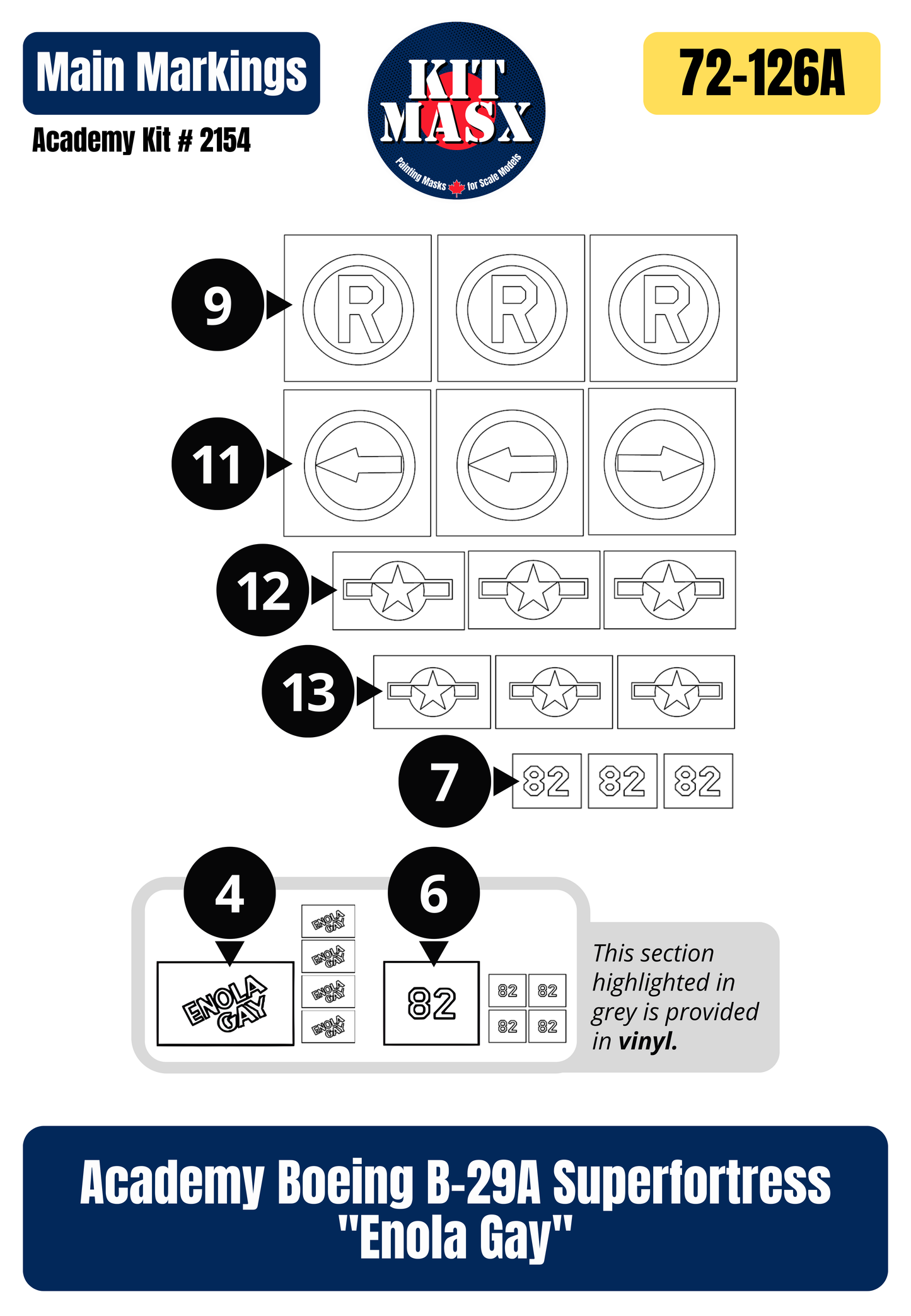 Academy Boeing B-29A Superfortress "Enola Gay" 1/72 All-in-One Master Mask Set, Kit # 2154