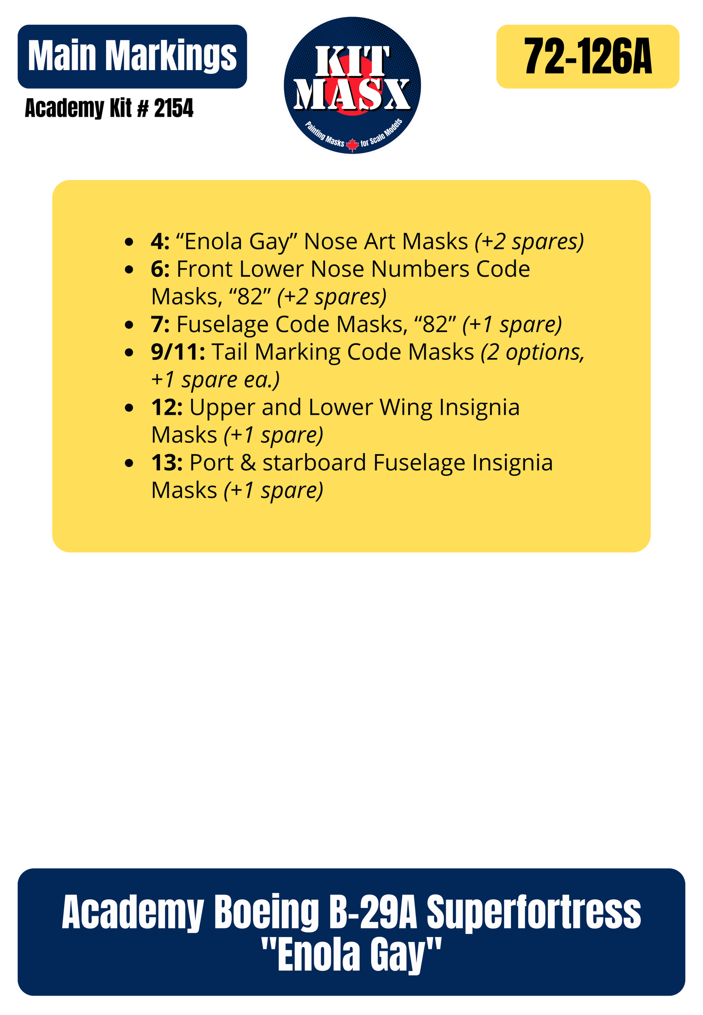 Academy Boeing B-29A Superfortress "Enola Gay" 1/72 All-in-One Master Mask Set, Kit # 2154