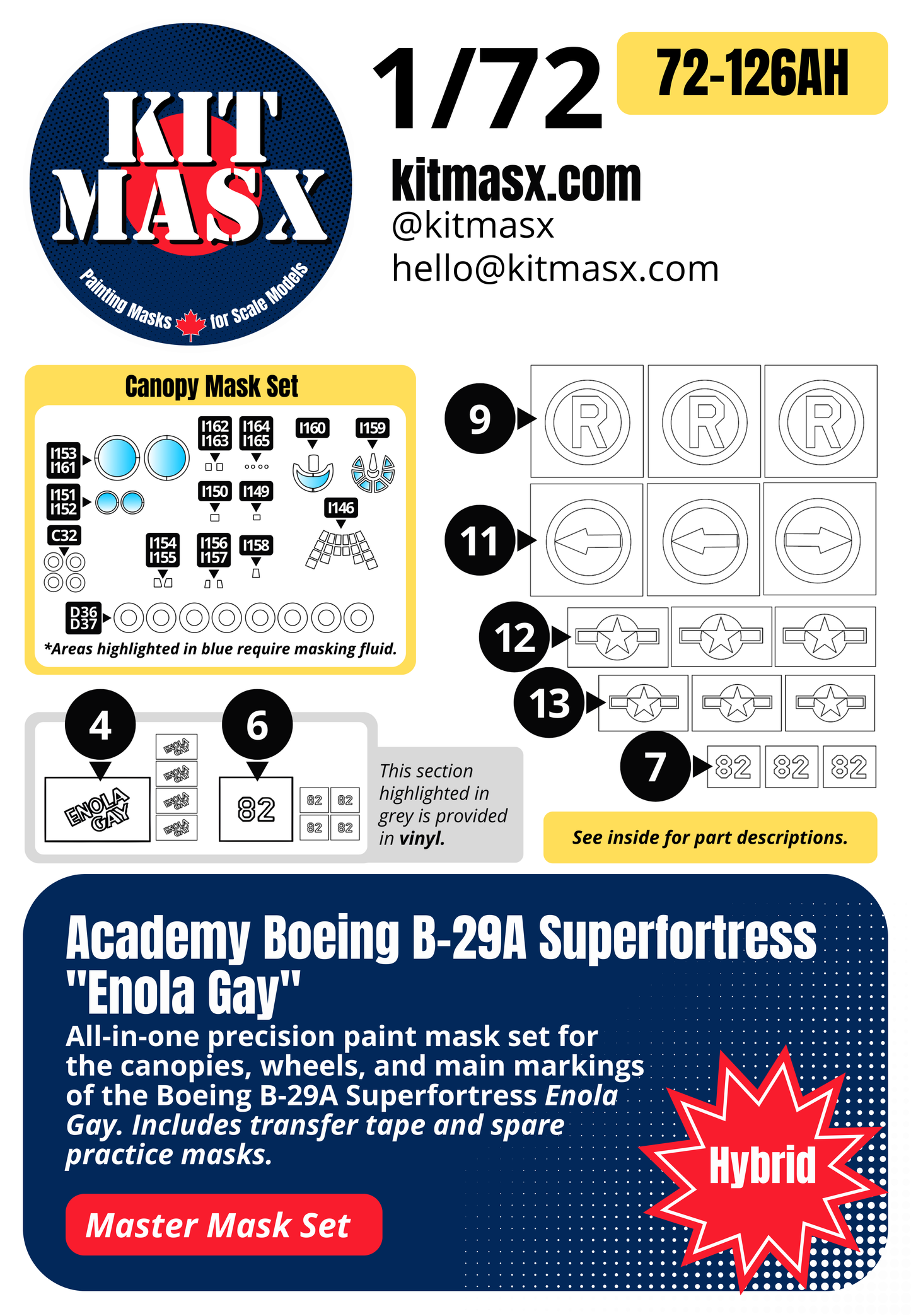 Academy Boeing B-29A Superfortress "Enola Gay" 1/72 All-in-One Master Mask Set, Kit # 2154
