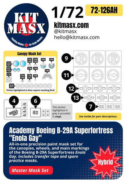 Academy Boeing B-29A Superfortress "Enola Gay" 1/72 All-in-One Master Mask Set, Kit # 2154