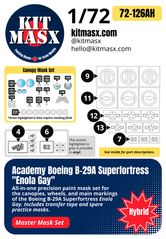 Academy Boeing B-29A Superfortress "Enola Gay" 1/72 All-in-One Master Mask Set, Kit # 2154