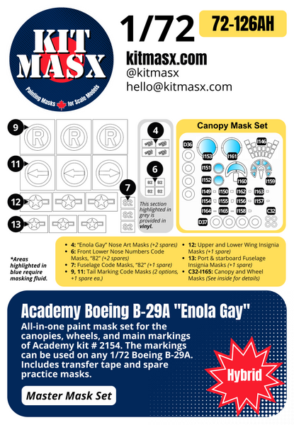 Academy Boeing B-29A Superfortress "Enola Gay" 1/72 Canopy & Main Marking Paint Masks, Kit # 2154