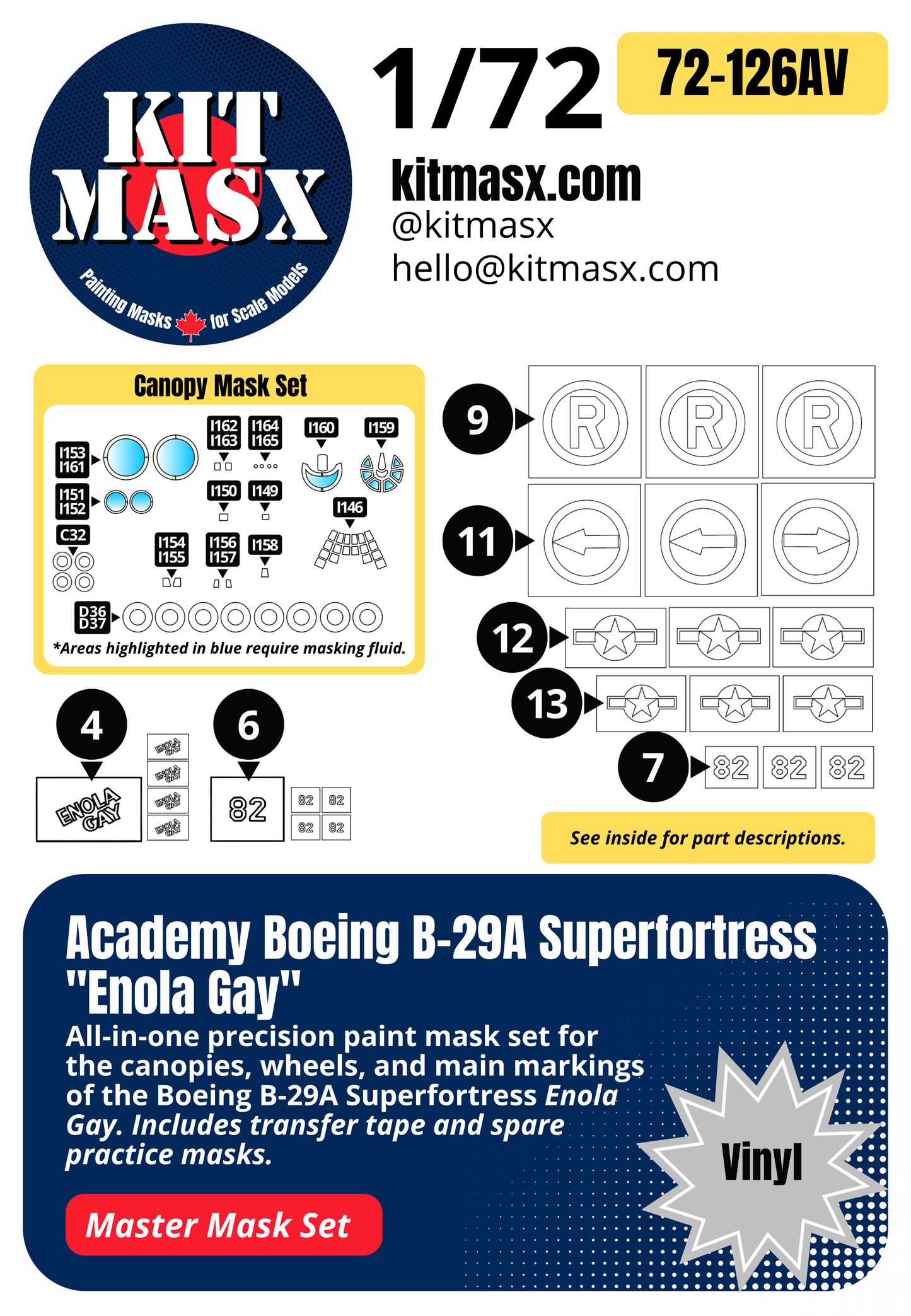 Academy Boeing B-29A Superfortress "Enola Gay" 1/72 All-in-One Master Mask Set, Kit # 2154