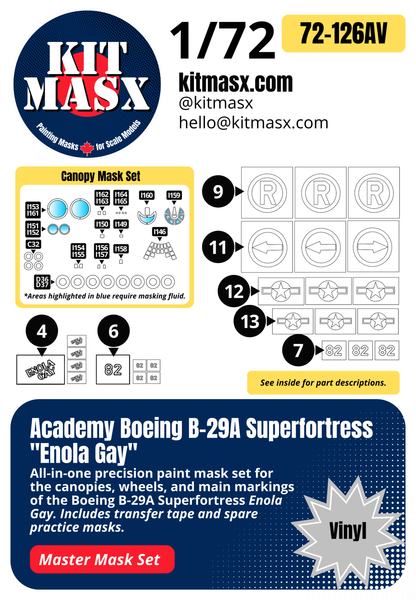 Academy Boeing B-29A Superfortress "Enola Gay" 1/72 All-in-One Master Mask Set, Kit # 2154