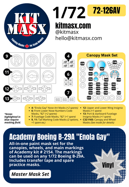 Academy Boeing B-29A Superfortress "Enola Gay" 1/72 Canopy & Main Marking Paint Masks, Kit # 2154