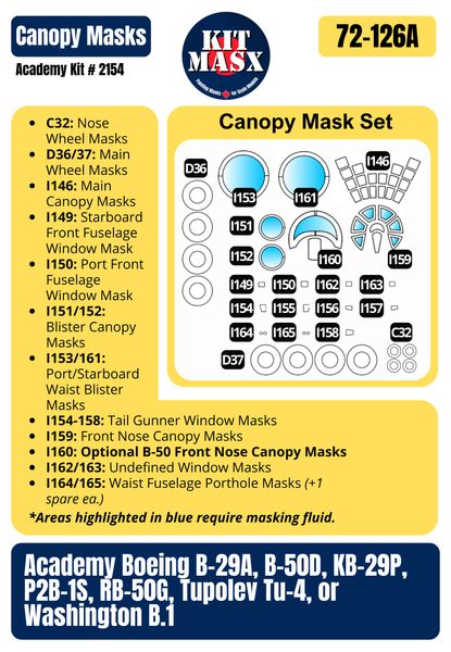 Academy Boeing B-29A Superfortress "Enola Gay" 1/72 Canopy & Main Marking Paint Masks, Kit # 2154