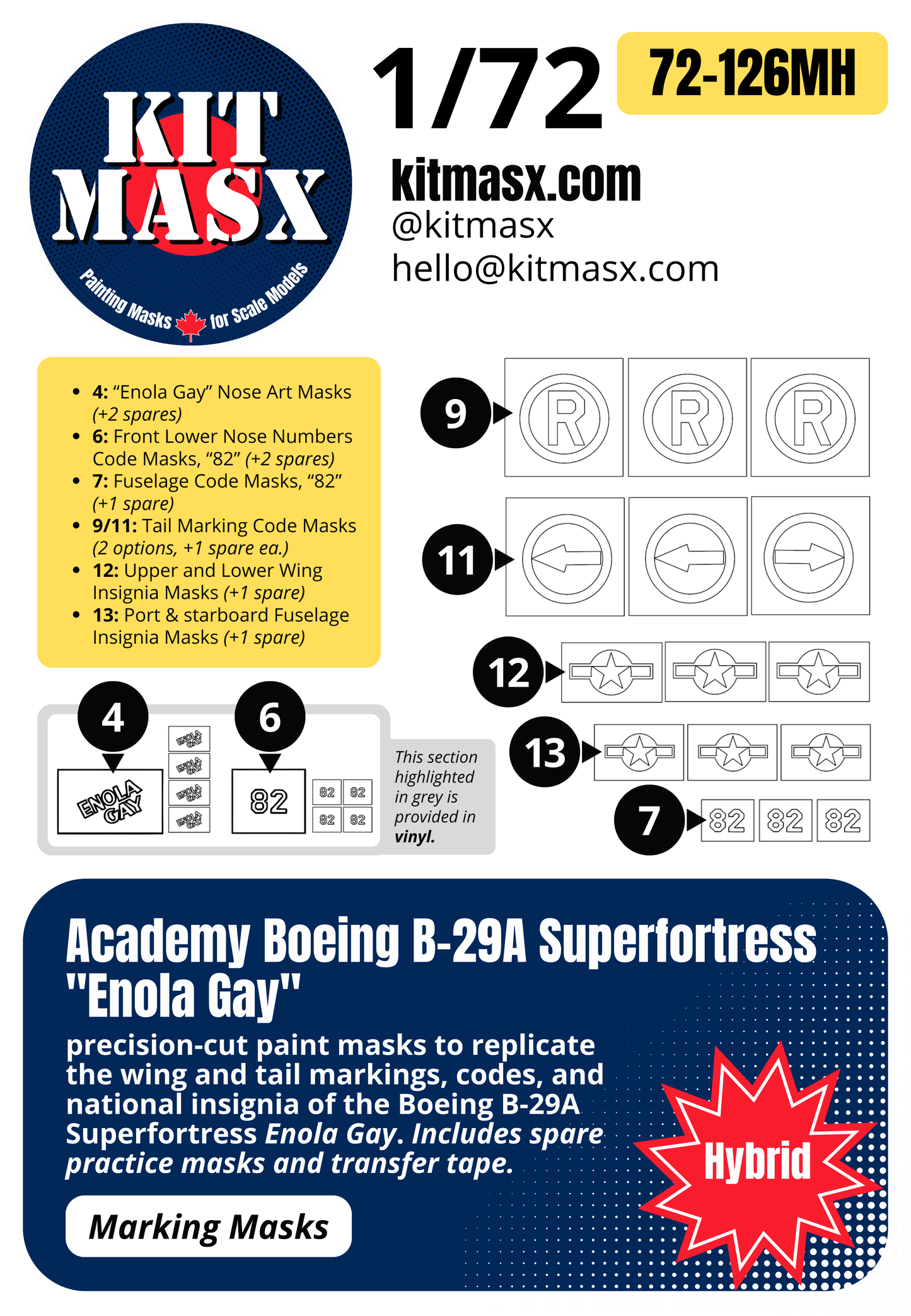 Academy Boeing B-29A Superfortress "Enola Gay" 1/72 Main Marking Paint Masks, Kit # 2154