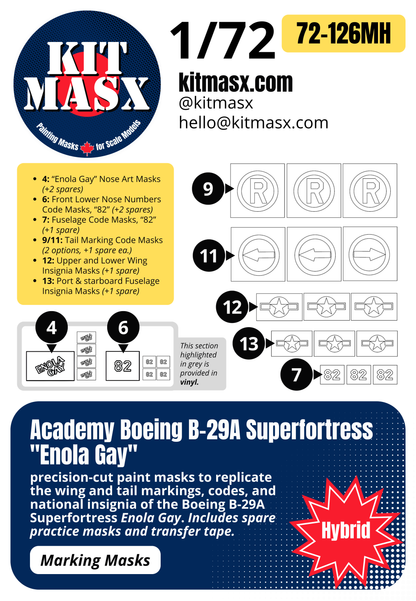 Academy Boeing B-29A Superfortress "Enola Gay" 1/72 Main Marking Paint Masks, Kit # 2154