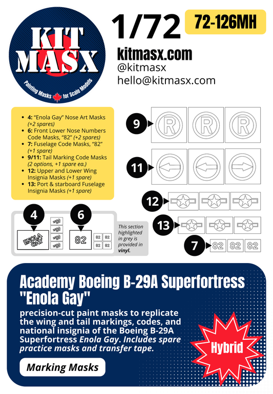Academy Boeing B-29A Superfortress "Enola Gay" 1/72 Main Marking Paint Masks, Kit # 2154