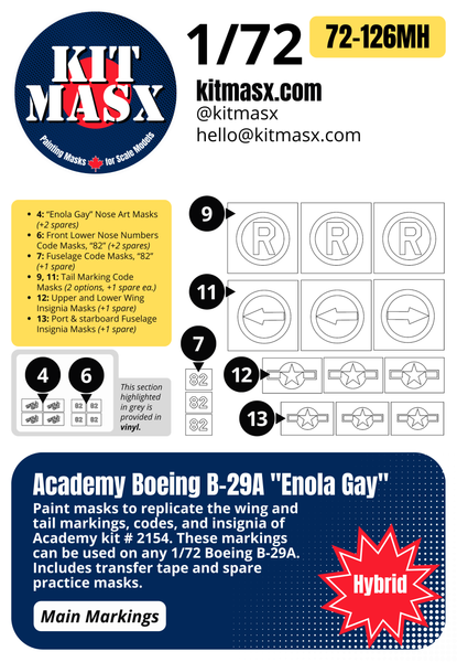 Academy Boeing B-29A Superfortress "Enola Gay" 1/72 Canopy & Main Marking Paint Masks, Kit # 2154