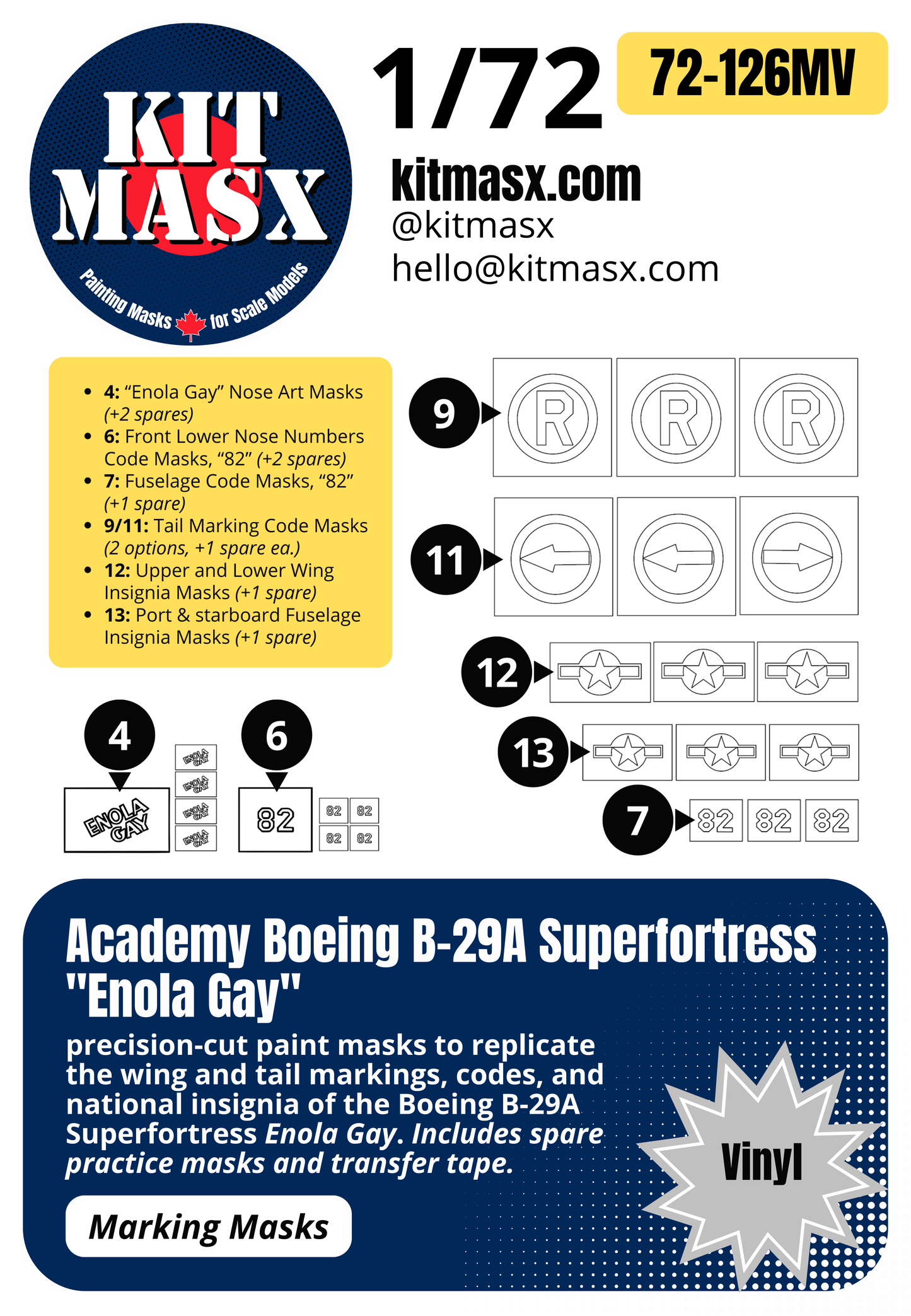 Academy Boeing B-29A Superfortress "Enola Gay" 1/72 Main Marking Paint Masks, Kit # 2154