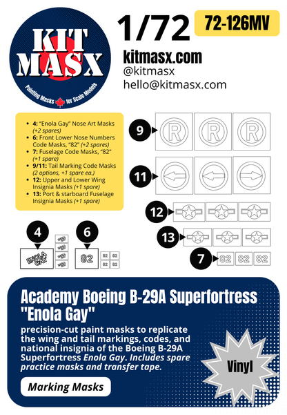 Academy Boeing B-29A Superfortress "Enola Gay" 1/72 Main Marking Paint Masks, Kit # 2154