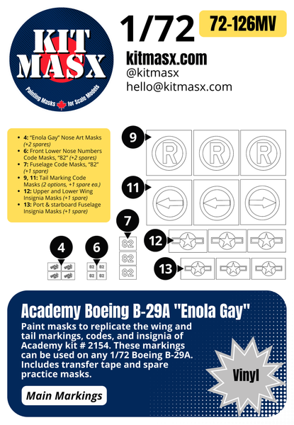 Academy Boeing B-29A Superfortress "Enola Gay" 1/72 Canopy & Main Marking Paint Masks, Kit # 2154