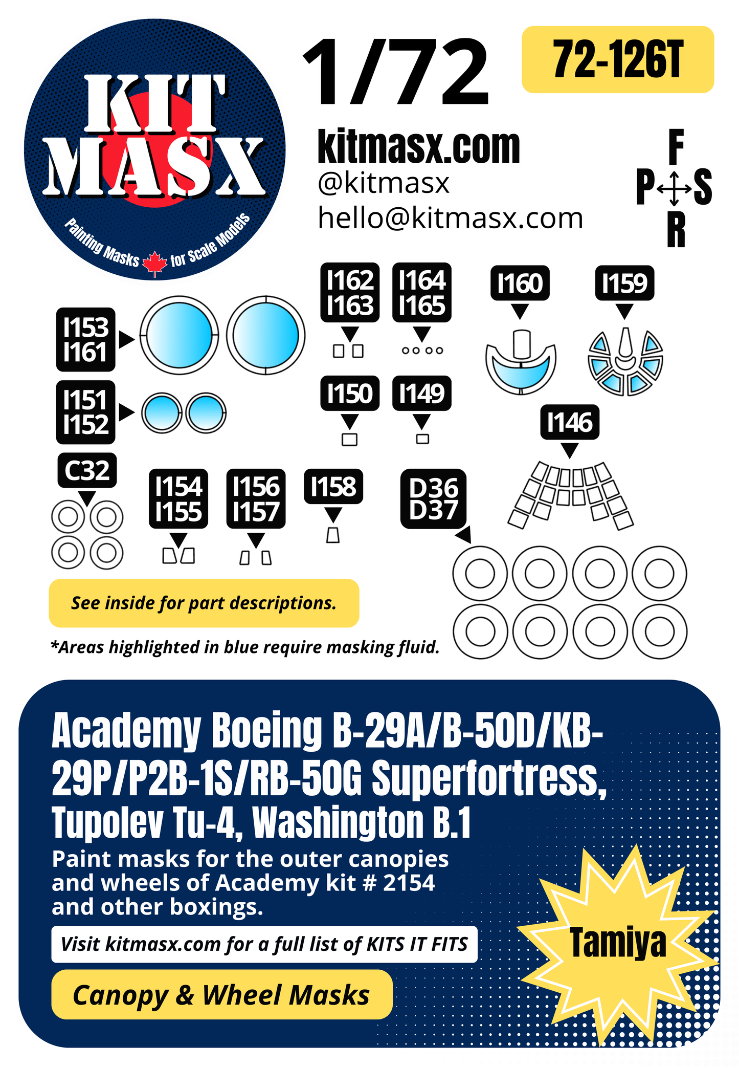 Academy Boeing B-29A/B-50D/KB-29P/P2B-1S/RB-50G Superfortress, Tupolev Tu-4, Washington B.1 1/72 Canopy & Wheel Paint Masks, Kit # 2154