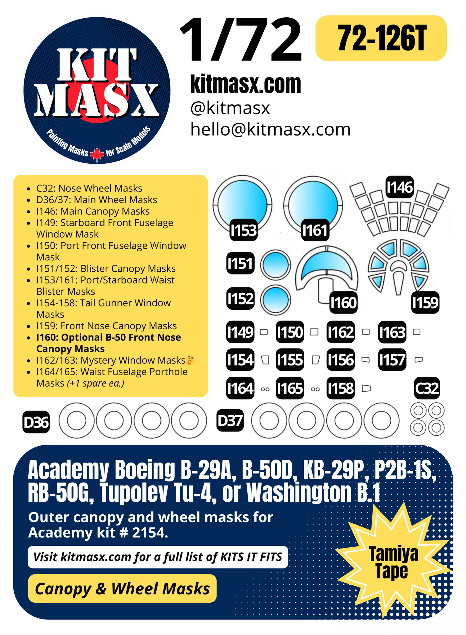 Academy Boeing B-29A Superfortress "Enola Gay" 1/72 Canopy & Main Marking Paint Masks, Kit # 2154