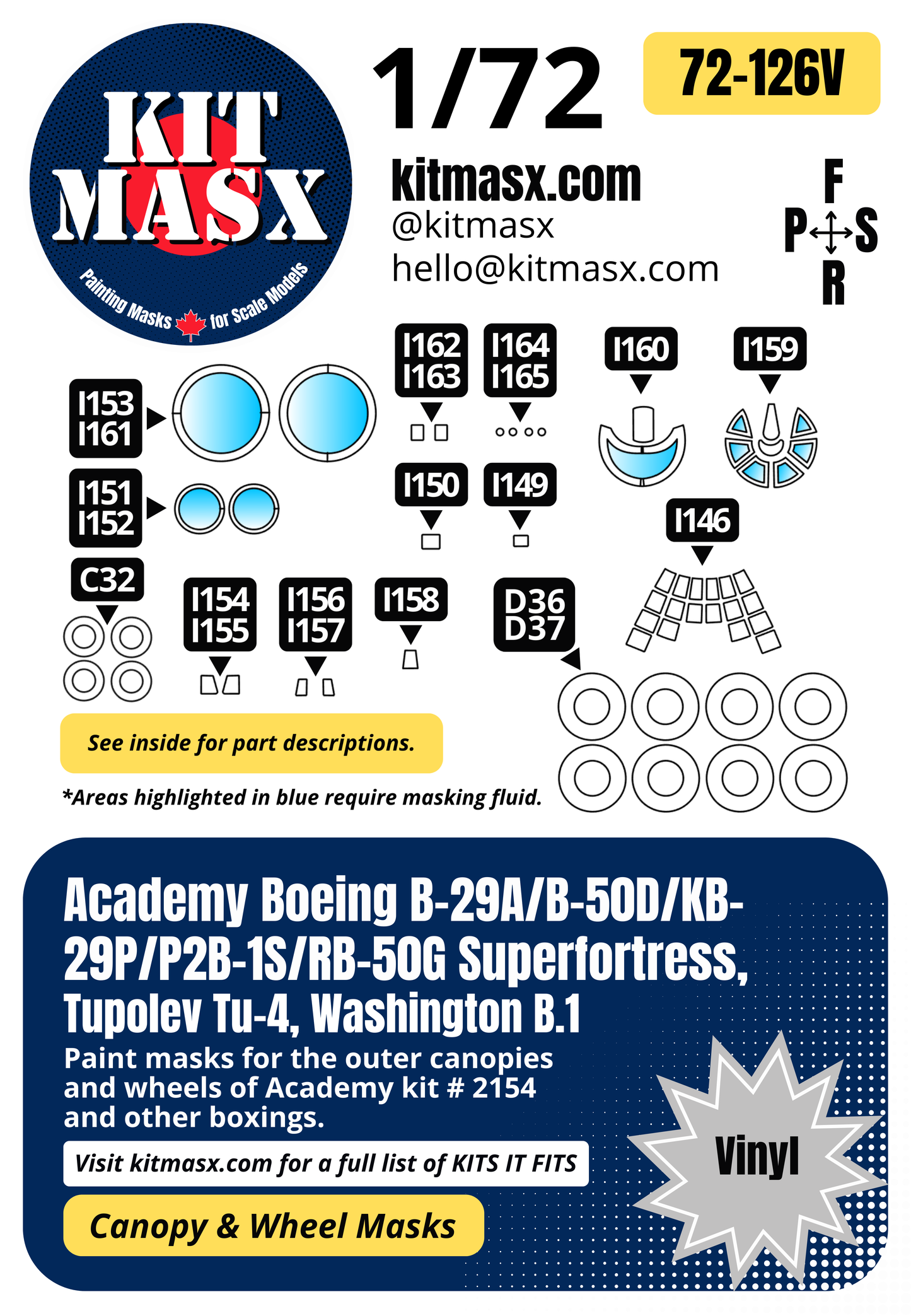 Academy Boeing B-29A/B-50D/KB-29P/P2B-1S/RB-50G Superfortress, Tupolev Tu-4, Washington B.1 1/72 Canopy & Wheel Paint Masks, Kit # 2154