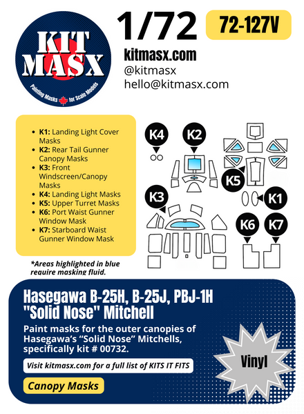 Hasegawa B-25H, B-25J, PBJ-1H "Solid Nose" Mitchell 1/72 Canopy Paint Masks, Kit # 00732