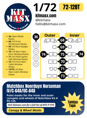 Matchbox Noorduyn Norseman IV/C-64A/UC-64A 1/72 Canopy & Wheel Paint Masks, Kit # PK-125