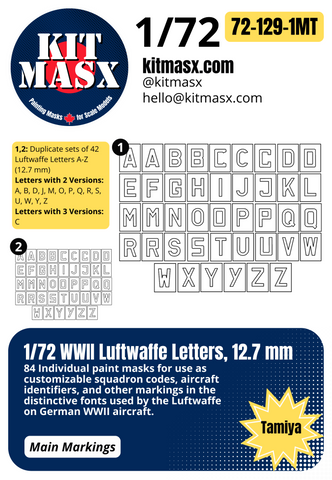 1/72 WWII Luftwaffe Letters, 3 Sizes: 12.7 mm, 8.7 mm, 6.5 mm Main Marking Paint Masks