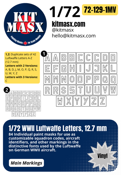 1/72 WWII Luftwaffe Letters, 3 Sizes: 12.7 mm, 8.7 mm, 6.5 mm Main Marking Paint Masks