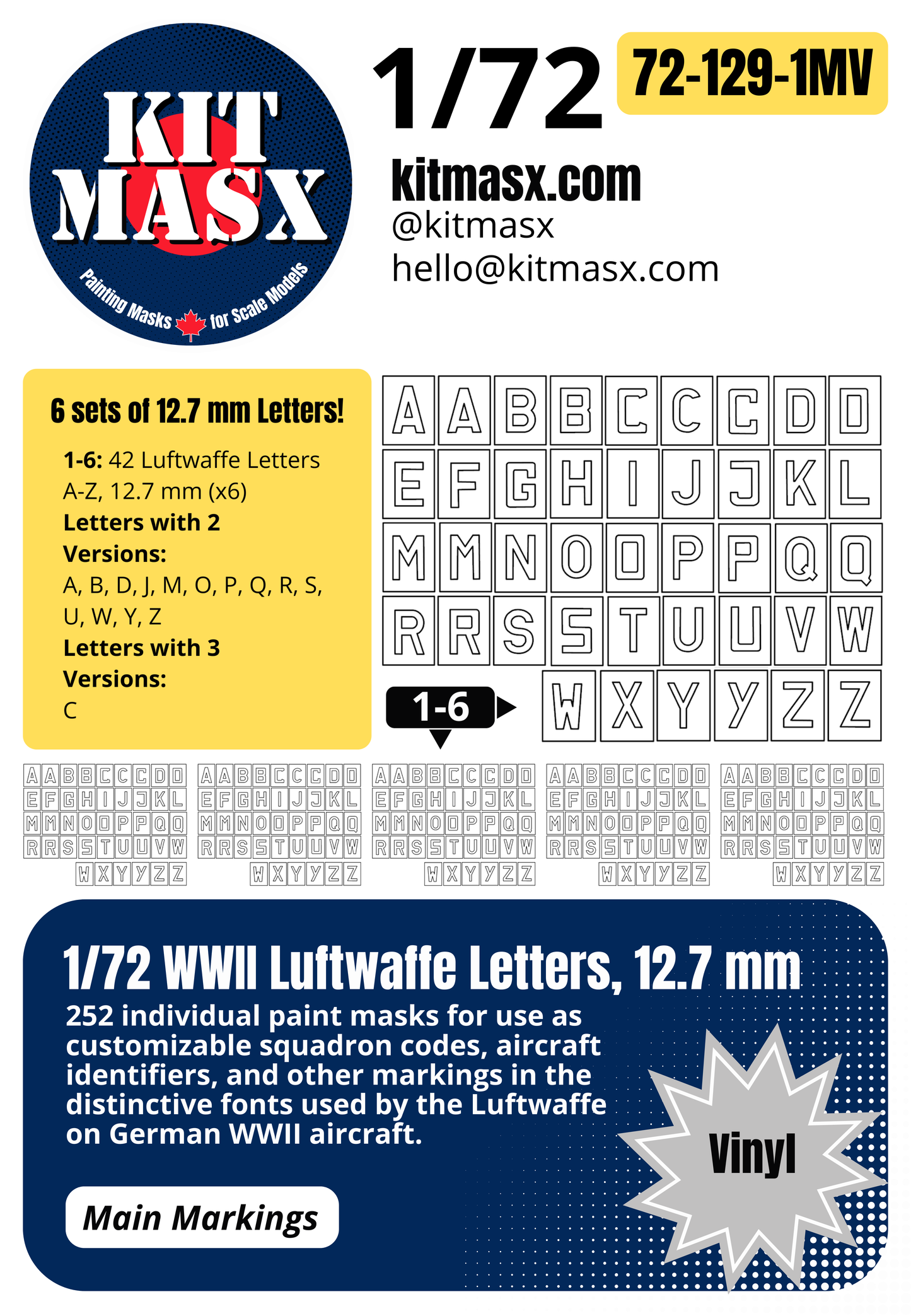 1/72 WWII Luftwaffe Letters, 4 Sizes: 12.7 mm, 8.7 mm, 6.5 mm, 5 mm Main Marking Paint Masks