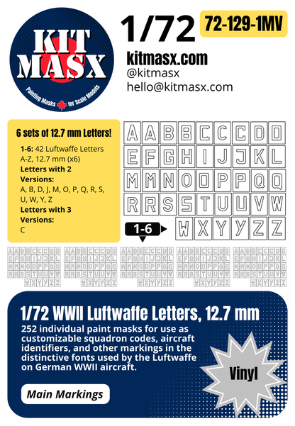 1/72 WWII Luftwaffe Letters, 4 Sizes: 12.7 mm, 8.7 mm, 6.5 mm, 5 mm Main Marking Paint Masks