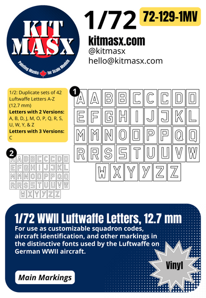 1/72 WWII Luftwaffe Letters Main Marking Paint Masks in 3 Sizes: 12.7 mm, 8.7 mm, 6.5 mm