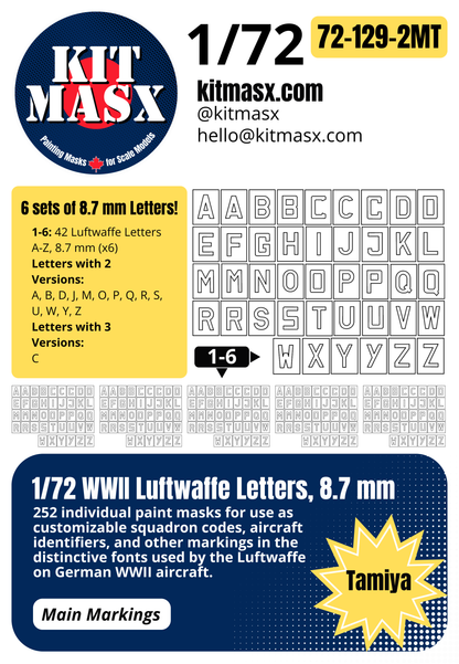 1/72 WWII Luftwaffe Letters, 4 Sizes: 12.7 mm, 8.7 mm, 6.5 mm, 5 mm Main Marking Paint Masks