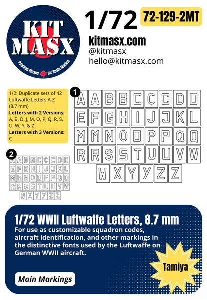 1/72 WWII Luftwaffe Letters Main Marking Paint Masks in 3 Sizes: 12.7 mm, 8.7 mm, 6.5 mm