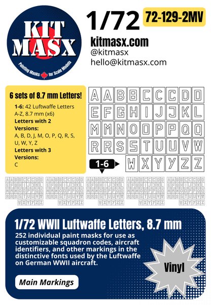 1/72 WWII Luftwaffe Letters, 4 Sizes: 12.7 mm, 8.7 mm, 6.5 mm, 5 mm Main Marking Paint Masks