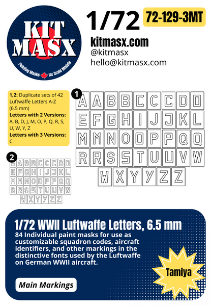 1/72 WWII Luftwaffe Letters, 3 Sizes: 12.7 mm, 8.7 mm, 6.5 mm Main Marking Paint Masks