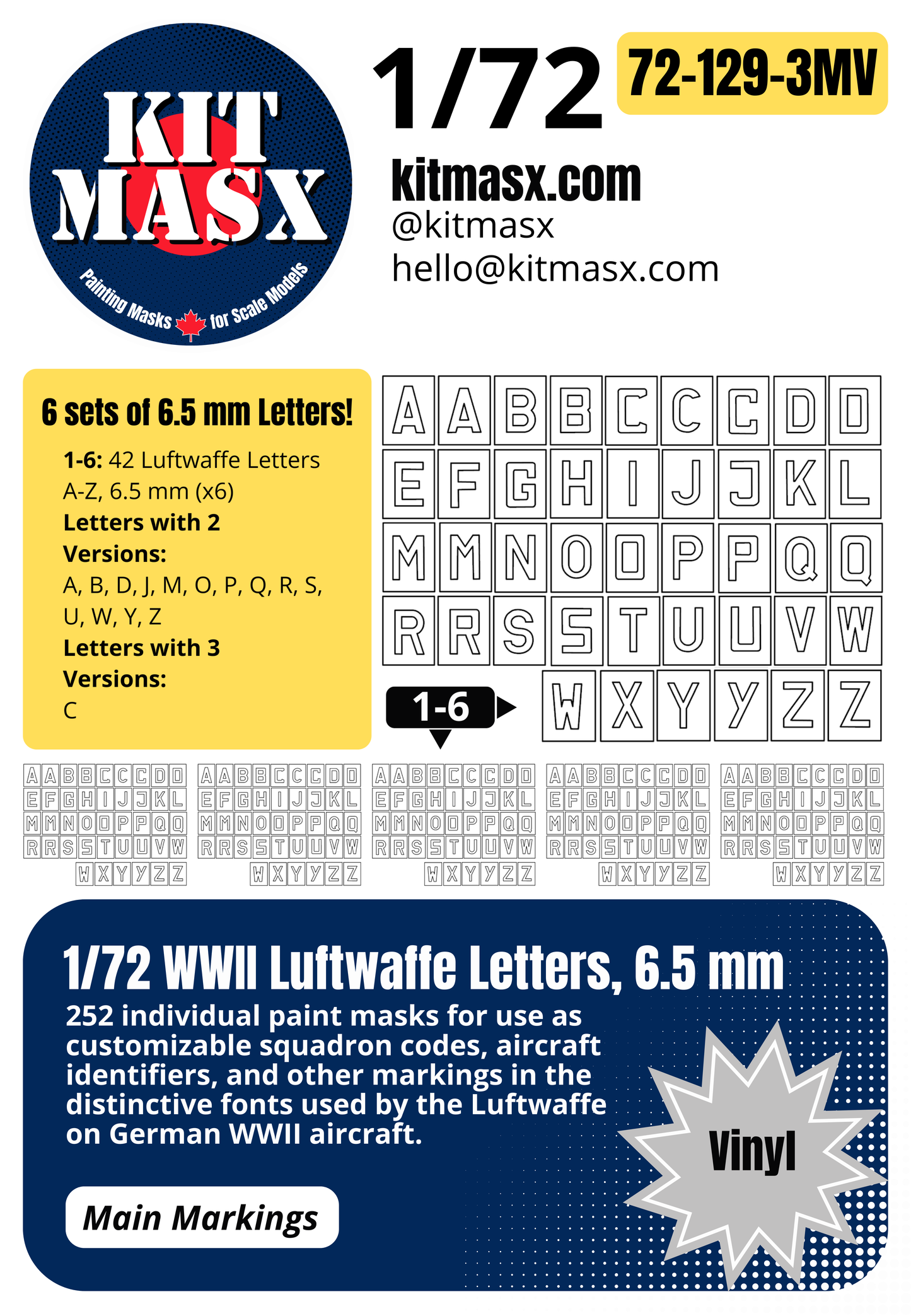 1/72 WWII Luftwaffe Letters, 4 Sizes: 12.7 mm, 8.7 mm, 6.5 mm, 5 mm Main Marking Paint Masks