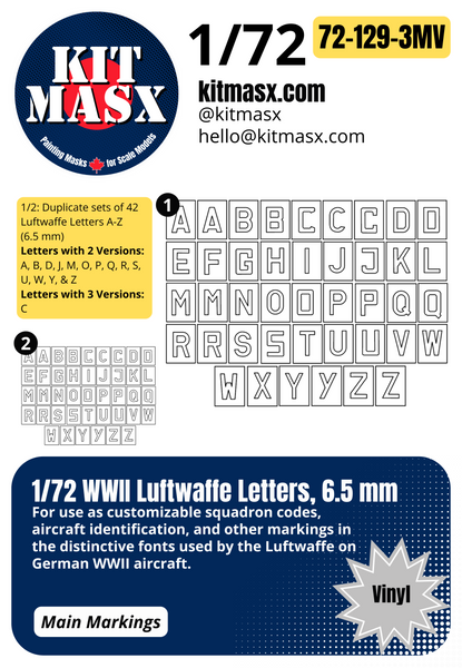 1/72 WWII Luftwaffe Letters Main Marking Paint Masks in 3 Sizes: 12.7 mm, 8.7 mm, 6.5 mm