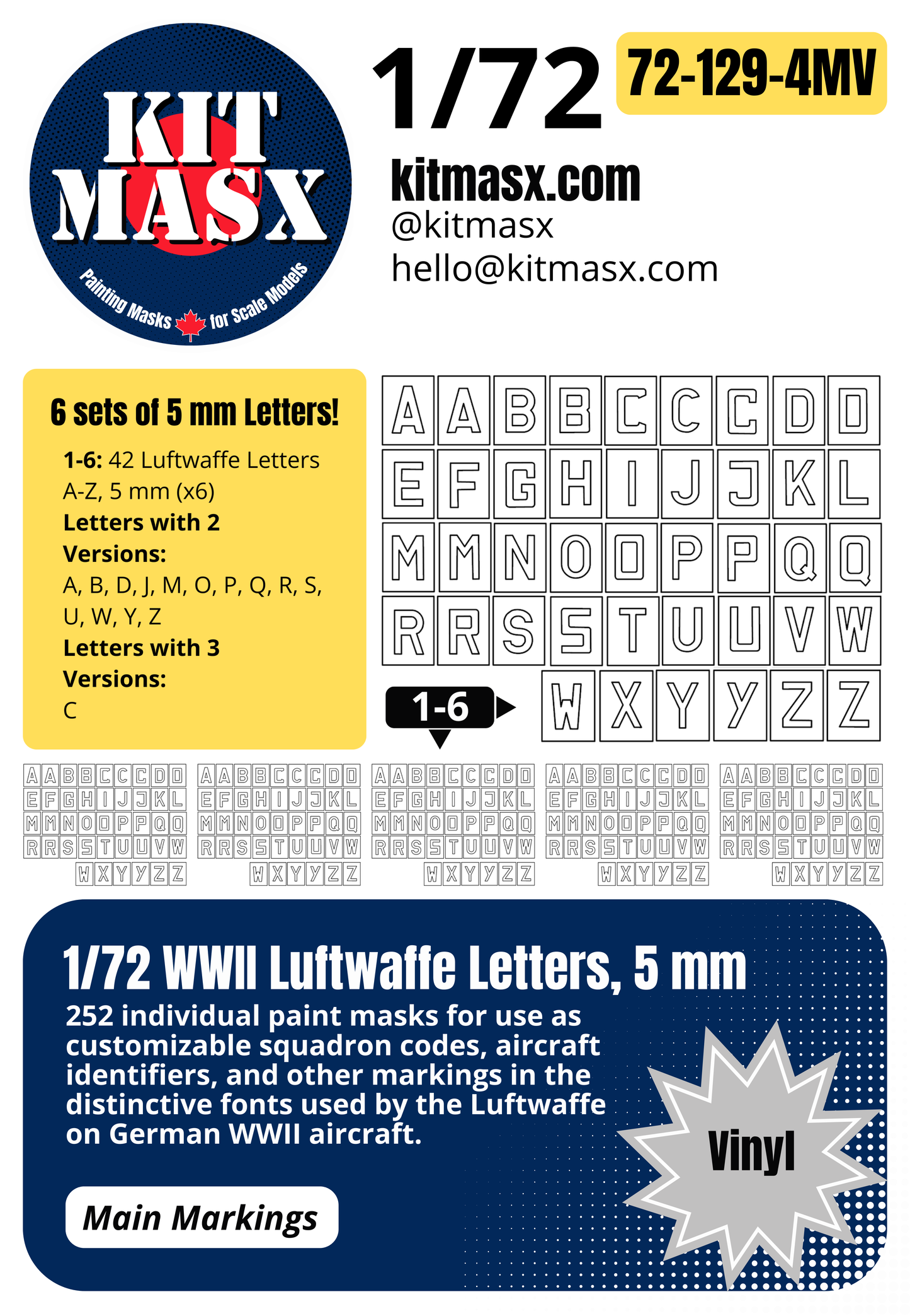 1/72 WWII Luftwaffe Letters, 4 Sizes: 12.7 mm, 8.7 mm, 6.5 mm, 5 mm Main Marking Paint Masks
