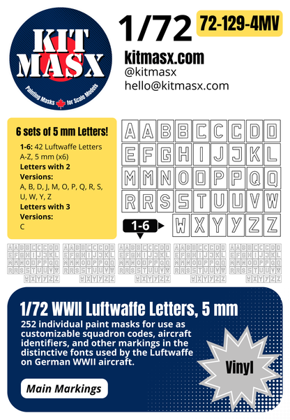 1/72 WWII Luftwaffe Letters, 4 Sizes: 12.7 mm, 8.7 mm, 6.5 mm, 5 mm Main Marking Paint Masks