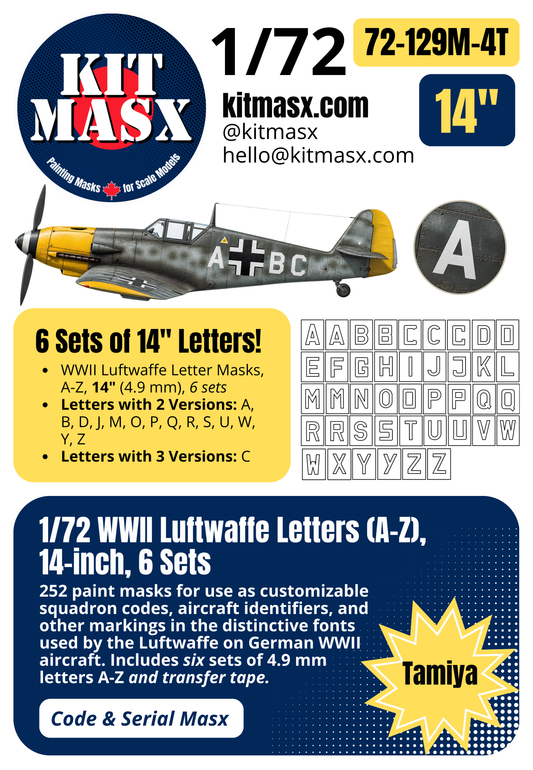 WWII Luftwaffe Letters A-Z 1/72 Code & Serial Paint Masks (72129M)