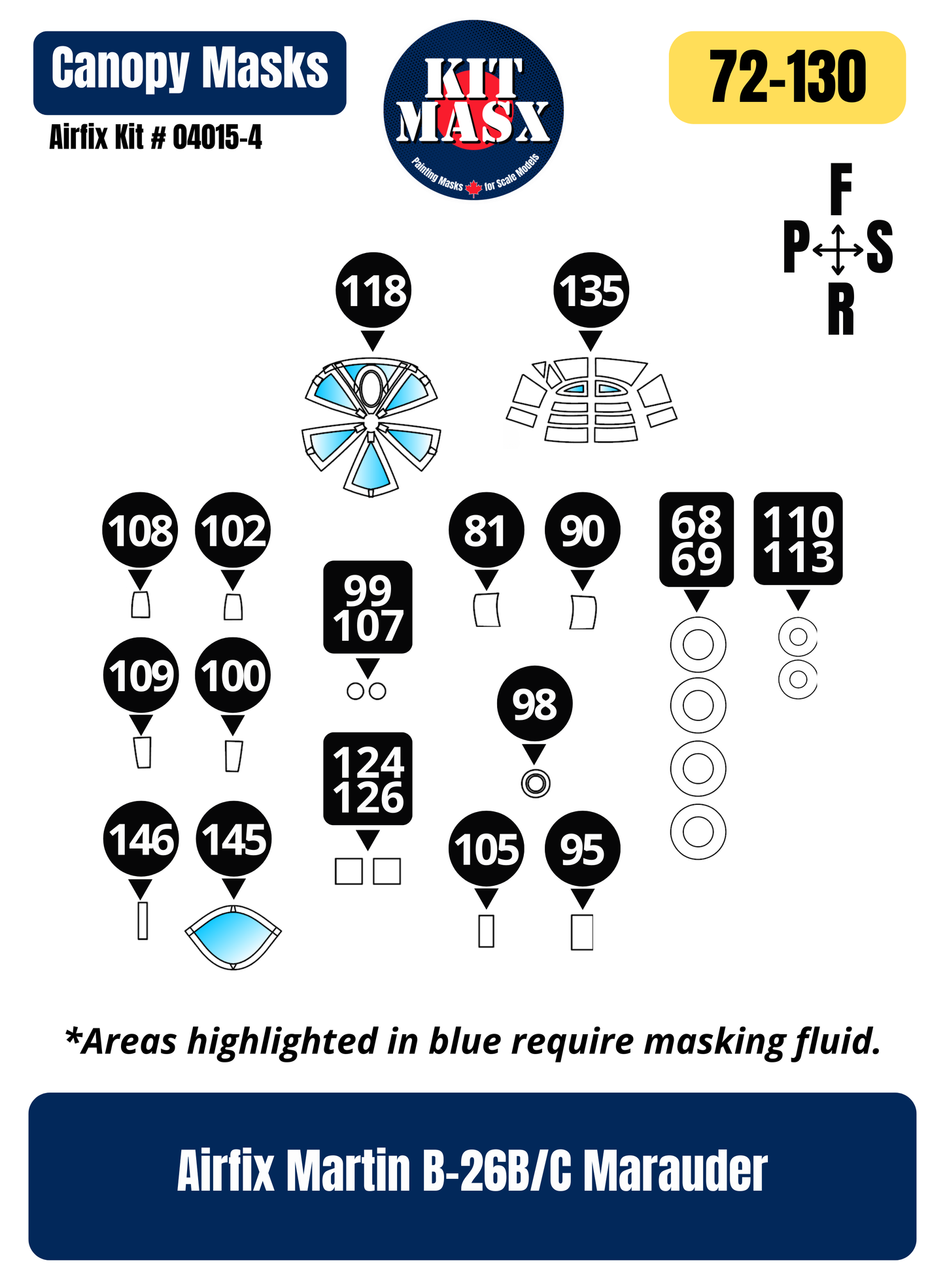 Airfix Martin B-26B/C Marauder 1/72 Canopy & Wheel Paint Masks, Kit # 04015-4