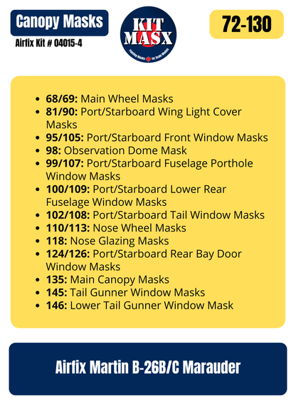 Airfix Martin B-26B/C Marauder 1/72 Canopy & Wheel Paint Masks, Kit # 04015-4