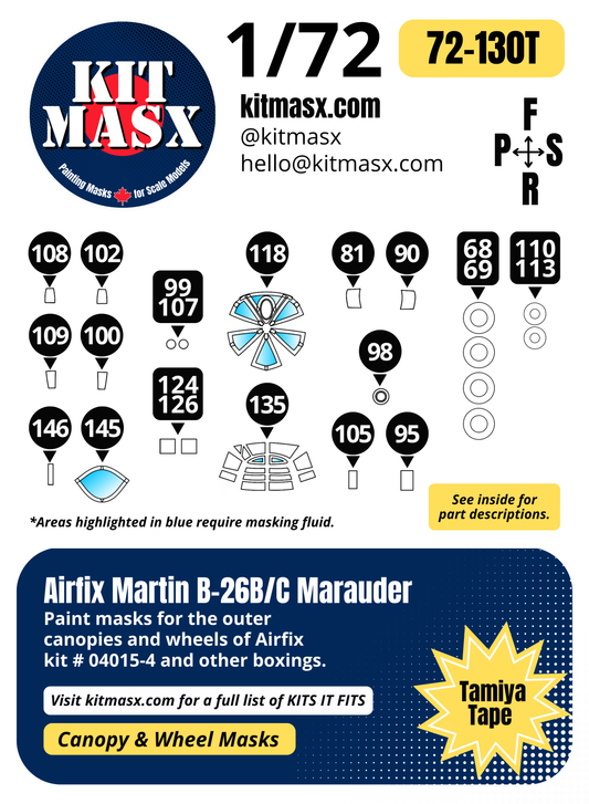 Airfix Martin B-26B/C Marauder 1/72 Canopy & Wheel Paint Masks, Kit # 04015-4