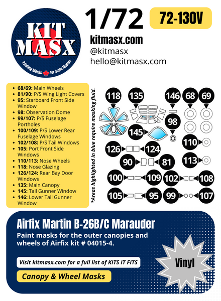 Airfix Martin B-26B/C Marauder 1/72 Canopy & Wheel Paint Masks, Kit # 04015-4